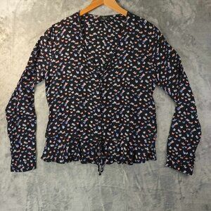 Rails Women M Black LongSleeve ButterflyPrint Ruffles ArtToWear Fairycore Blouse